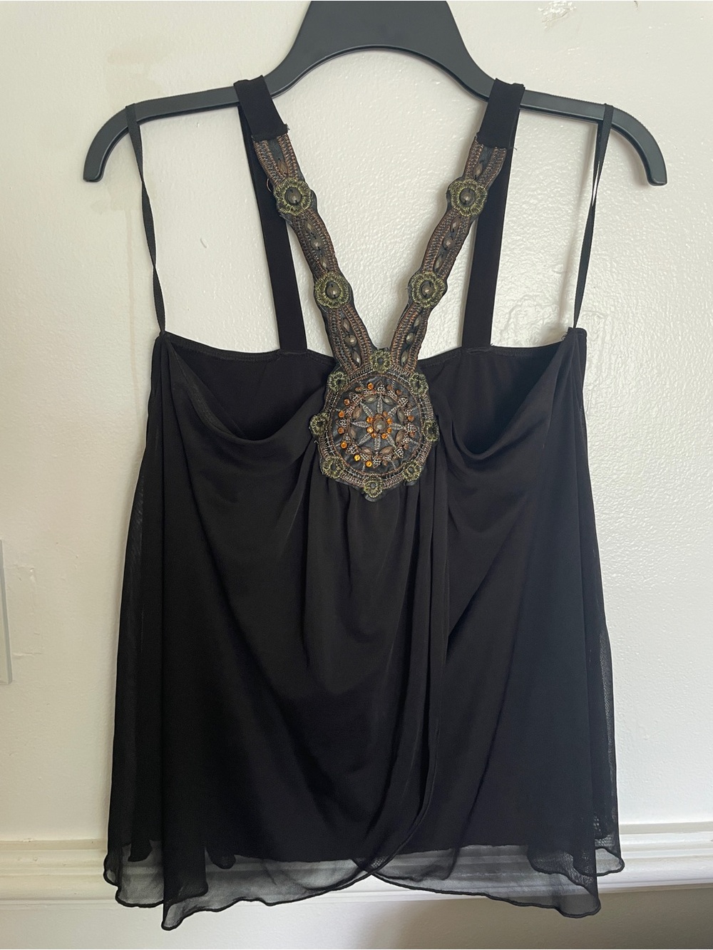 Charming Charlie Black Chiffon Camisole with Beaded Medallion Back